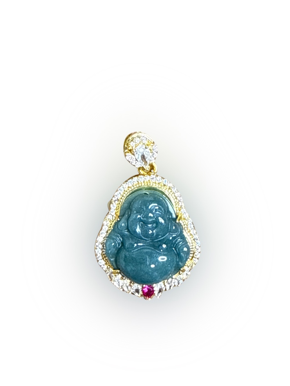 Gold-Plated Green Jade Laughing Buddha Pendant with Ruby Accent